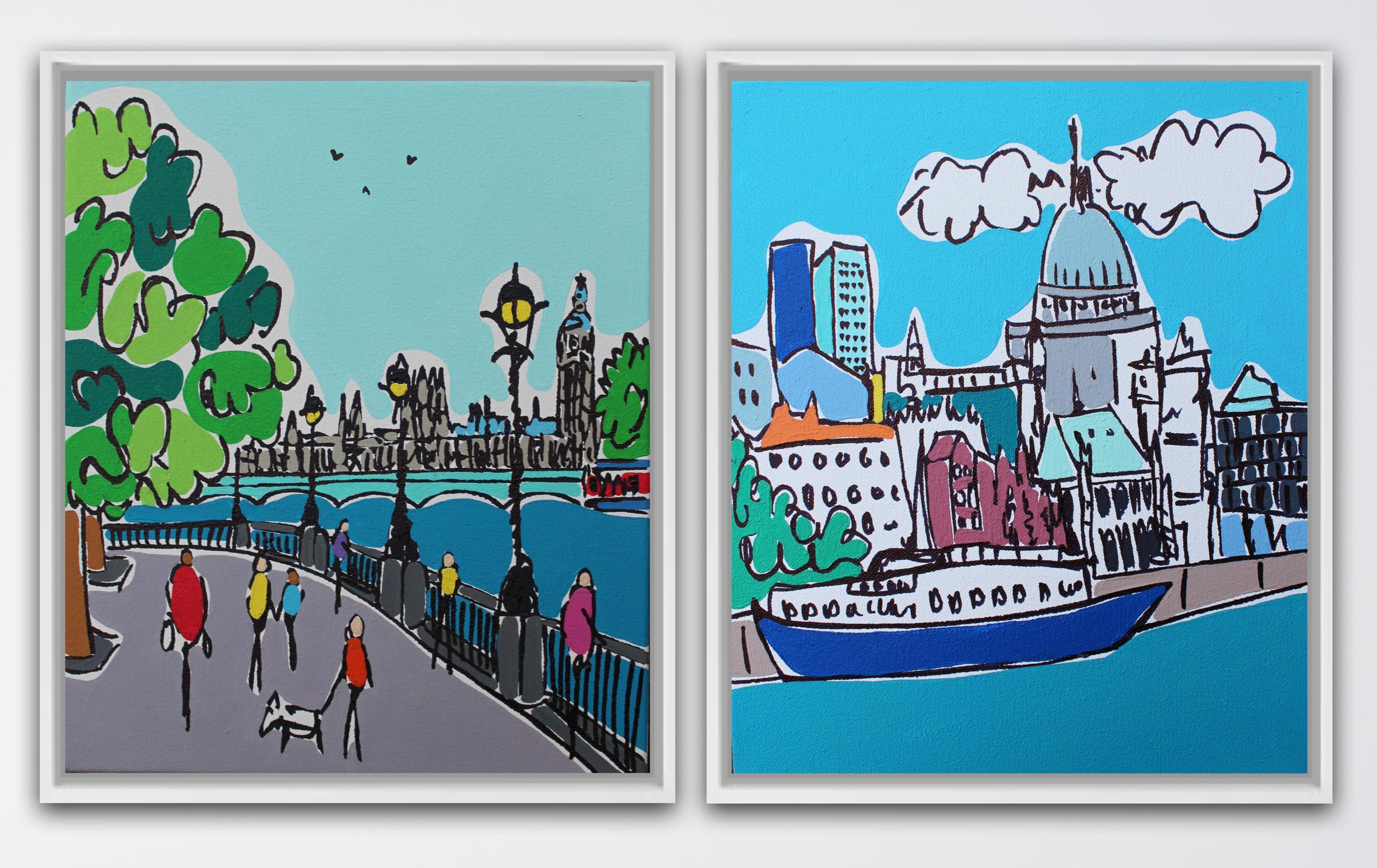 Rachel Tighe Landscape Painting - Mini Boat on the Thames and Mini London Southbank Winter diptych