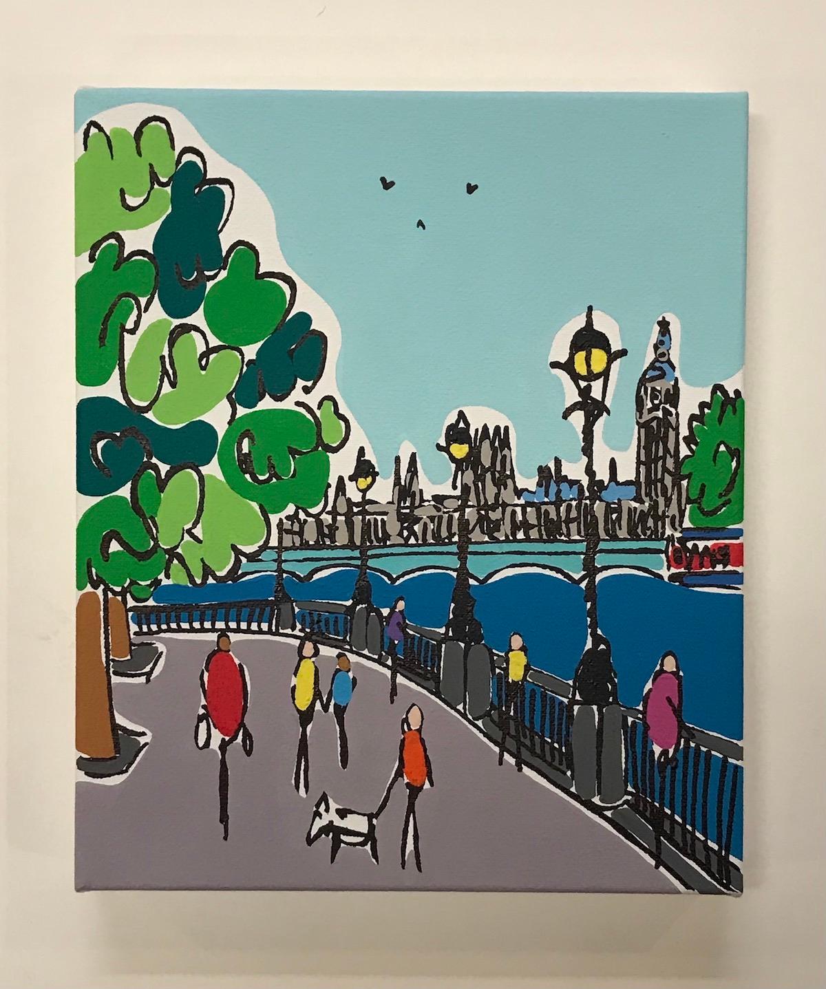 Mini London Southbank Winter - Été - Painting de Rachel Tighe