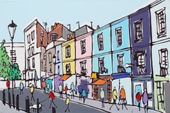 Pastels of Portobello, peinture illustrée de paysage urbain de Londres, Bright Happy Art