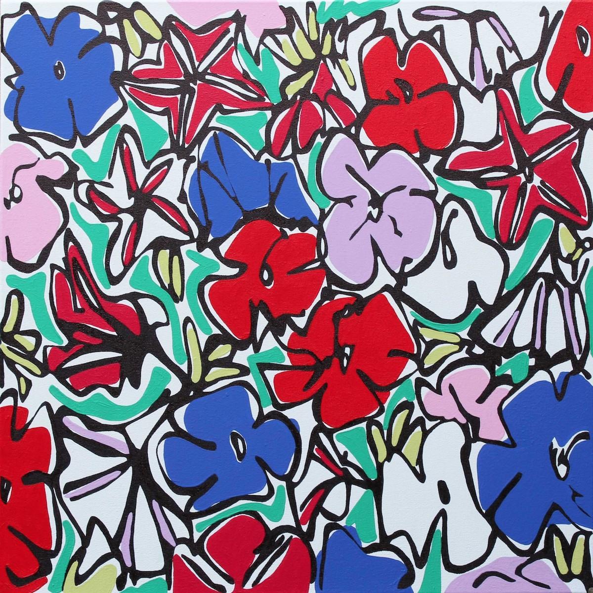 Rachel Tighe, Petunias, Art abstrait, Style Pop Art, peinture florale originale
