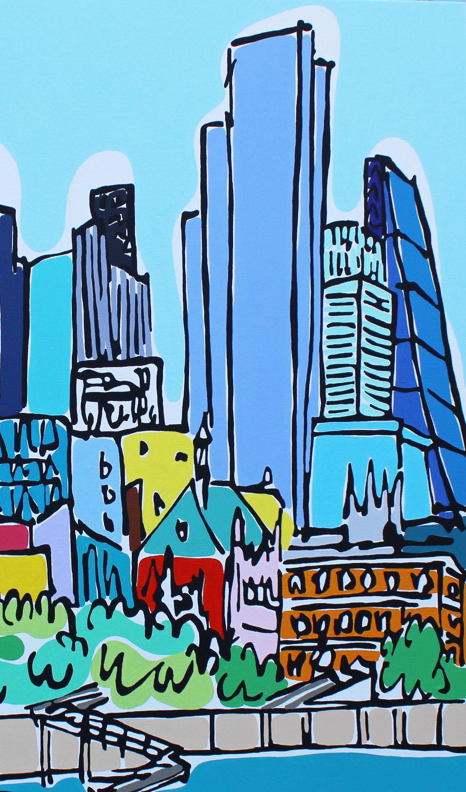 Sonniger South Bank Walk (Blau), Abstract Painting, von Rachel Tighe