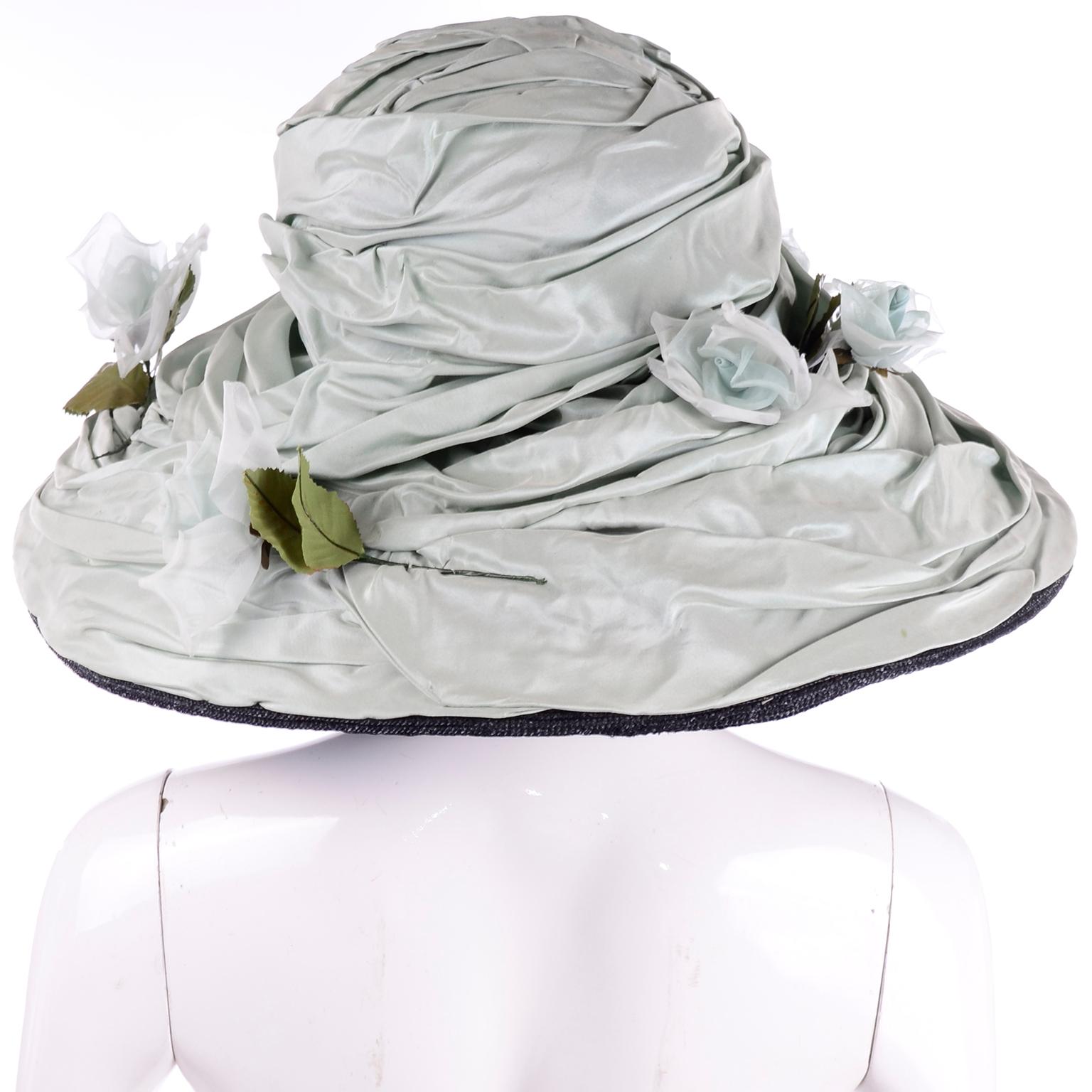 Gray Rachel Trevor Morgan London Wide Brim Sage Green Silk Hat With Flowers For Sale