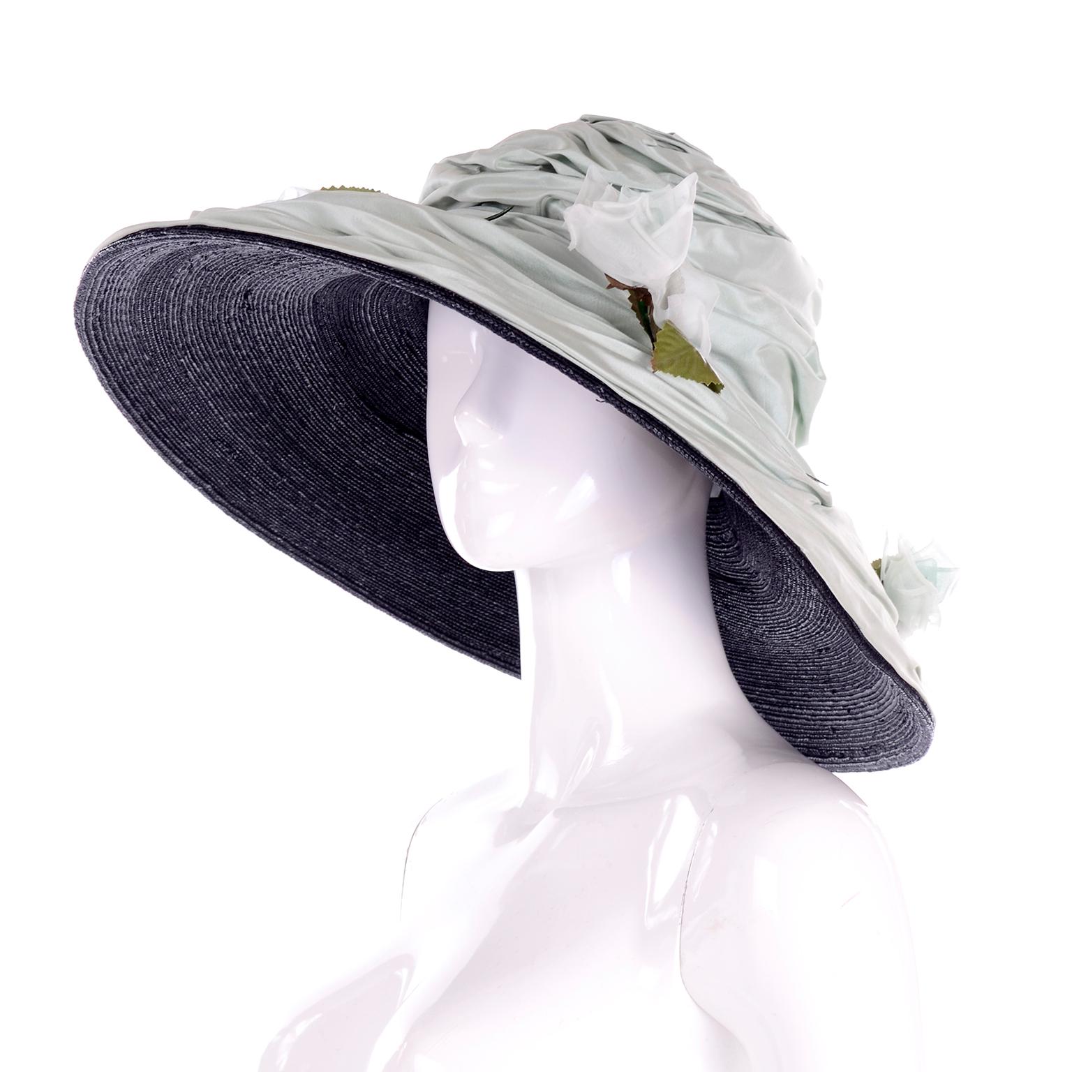 Rachel Trevor Morgan London Wide Brim Sage Green Silk Hat With Flowers In Excellent Condition For Sale In Portland, OR