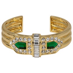 Rachel Zoe Art Deco Cuff Bracelet in Gold, Green and Clear Crystals