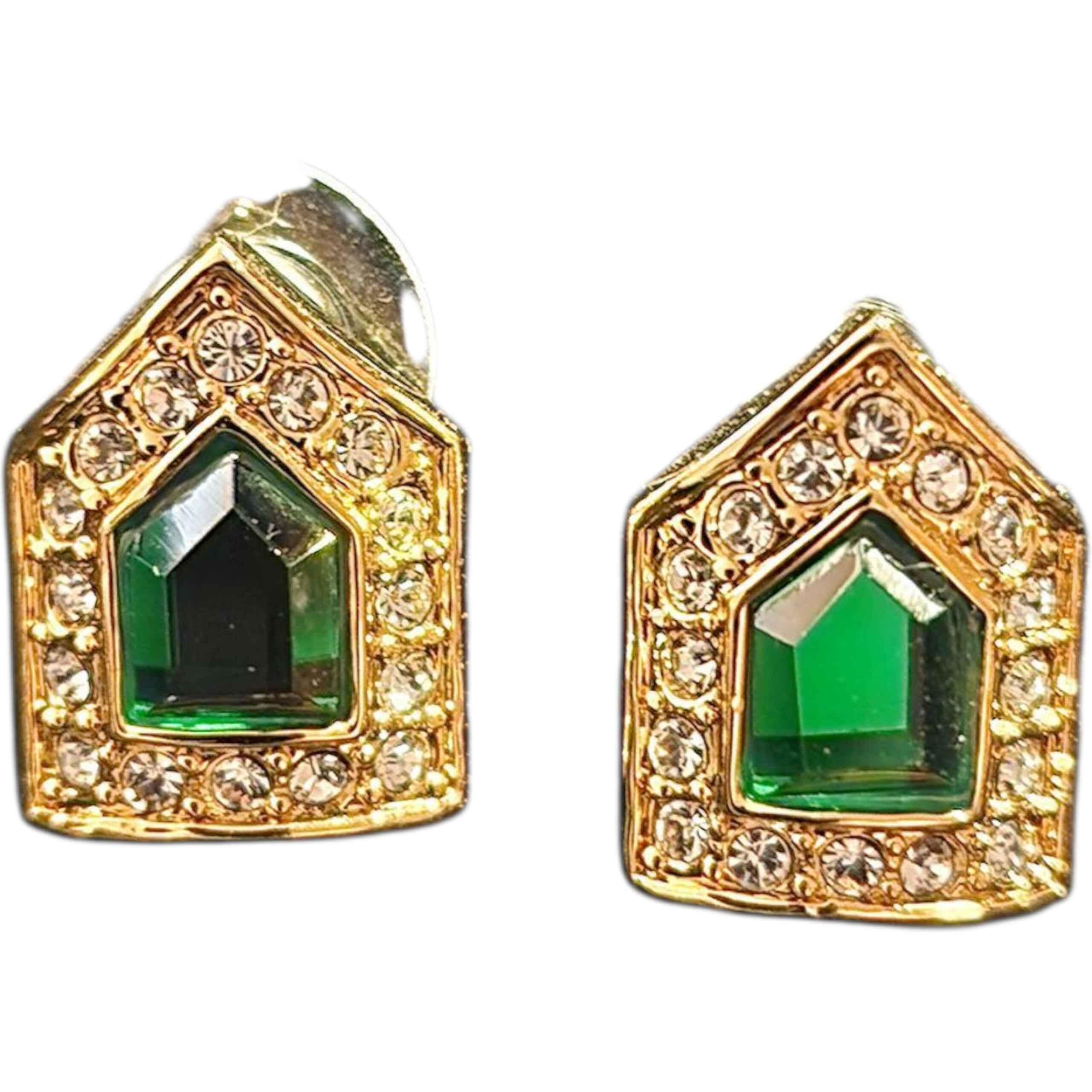 Rétro Rachel Zoe Orecchini con perno architettonico in vetro smeraldo e cristallo in vendita