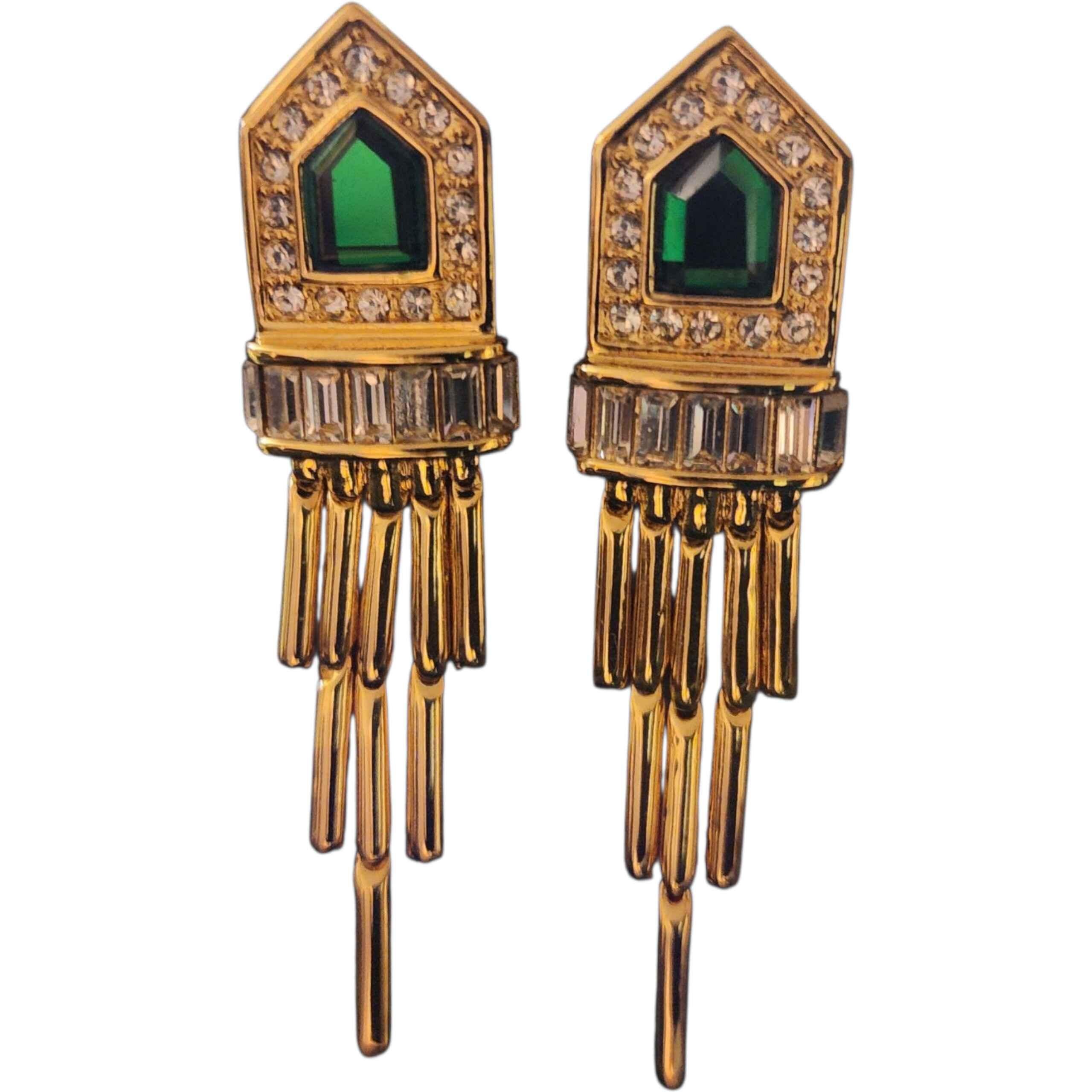 Rachel Zoe Smaragd-Glas-Pavé-Kronleuchter-Ohrringe (Retro) im Angebot