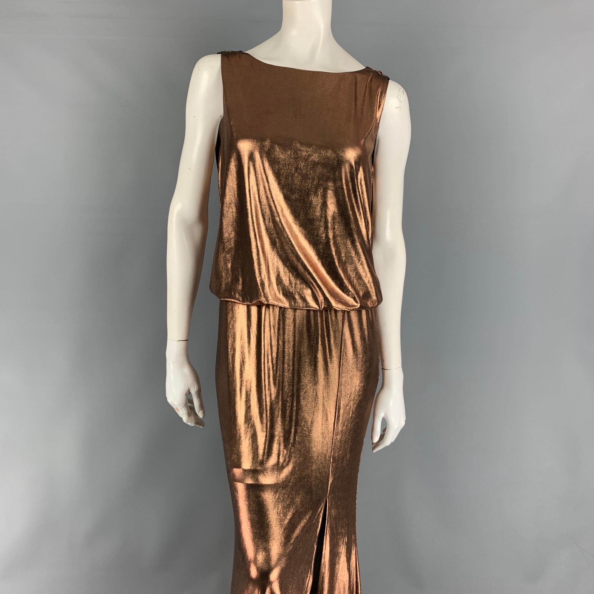 RACHEL ZOE gown comes in a copper metallic polyester / spandex featuring a slip liner, front slit detail, and a low back design. 

New With Tags. 
Marked: 2

Measurements:

Bust: 34 in.
Waist: 26 in.
Hip: 34 in.
Length: 62 in. 