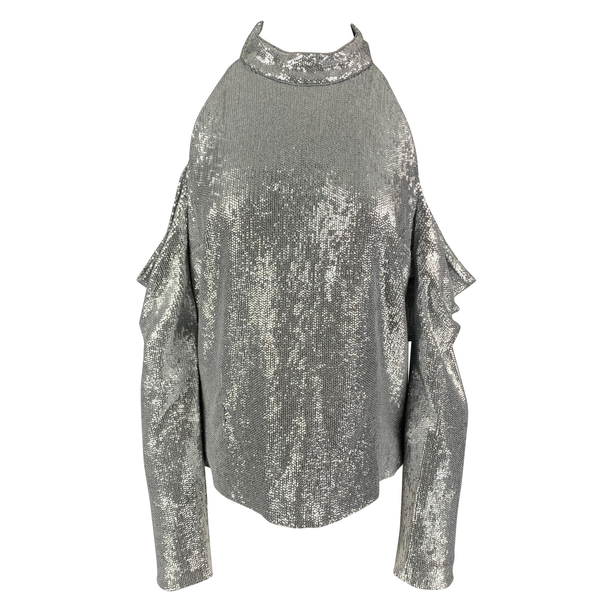 RACHEL ZOE - Haut à épaules dénudées en rayonne argentée à paillettes, taille 8 en vente