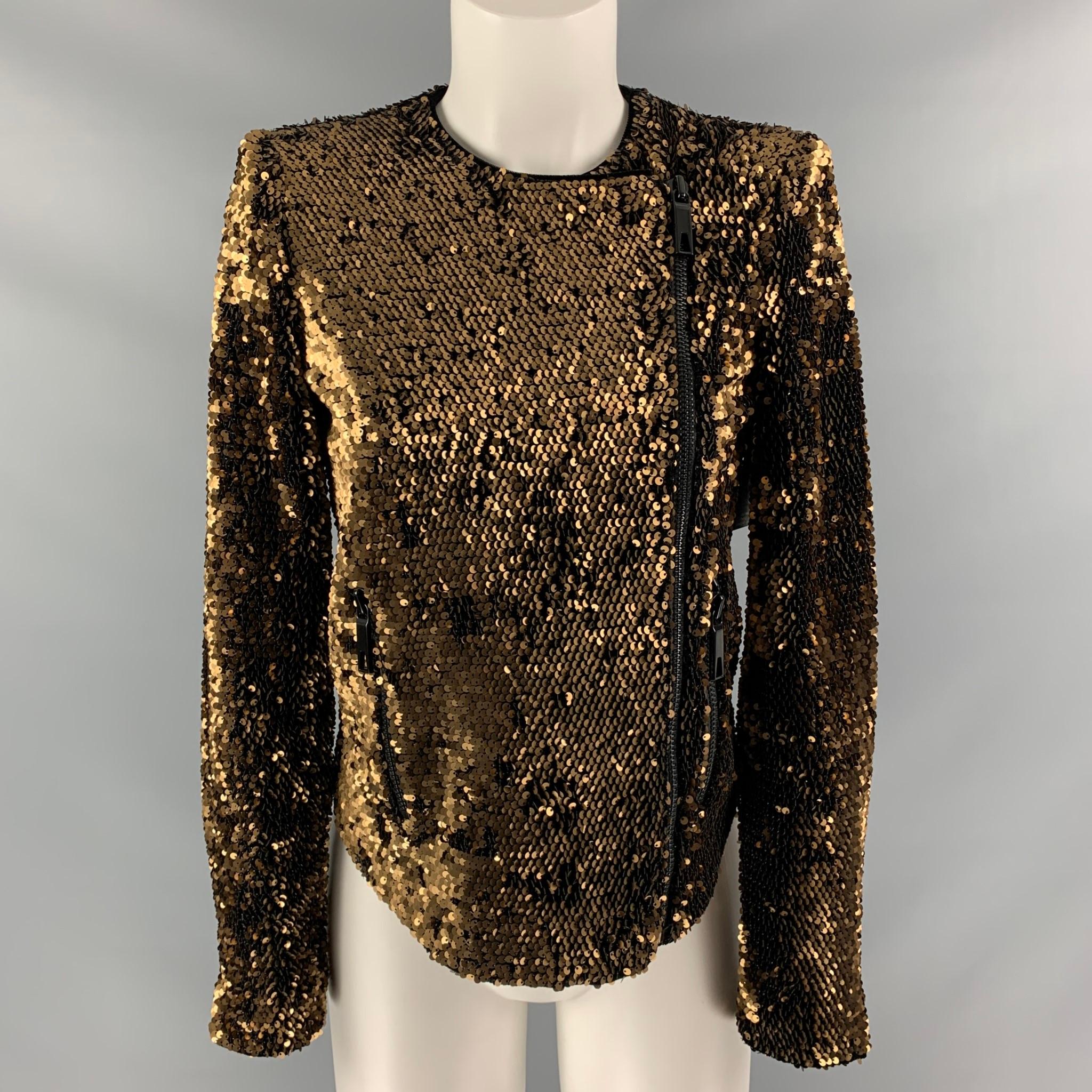 RACHEL ZOE jacket comes in copper polyester and spandex sequined fabric featuring two zip pockets at front and shoulder pads.

New with Tags.
Marked: S

Measurements:
Shoulder: 15 in
Bust: 34 in
Sleeve: 24.5 in
Length: 23 in