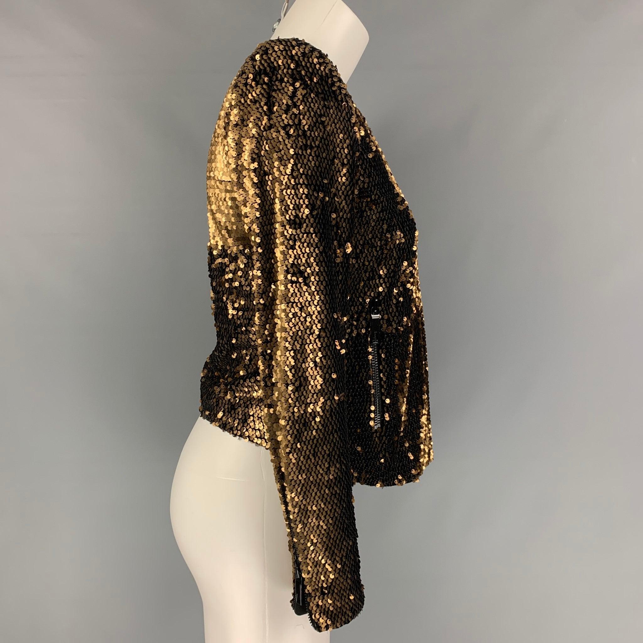 RACHEL ZOE jacket comes in copper polyester and spandex sequined fabric featuring two zip pockets at front and shoulder pads.Excellent Pre-Owned Condition. 

Marked:   XS 

Measurements: 
 
Shoulder: 15.5 inBust: 35 inSleeve: 23.5 inLength: 22 in
 