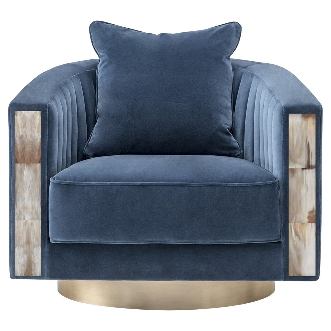 Rachele Blue Swivel Armchair with Horn Inlays For Sale