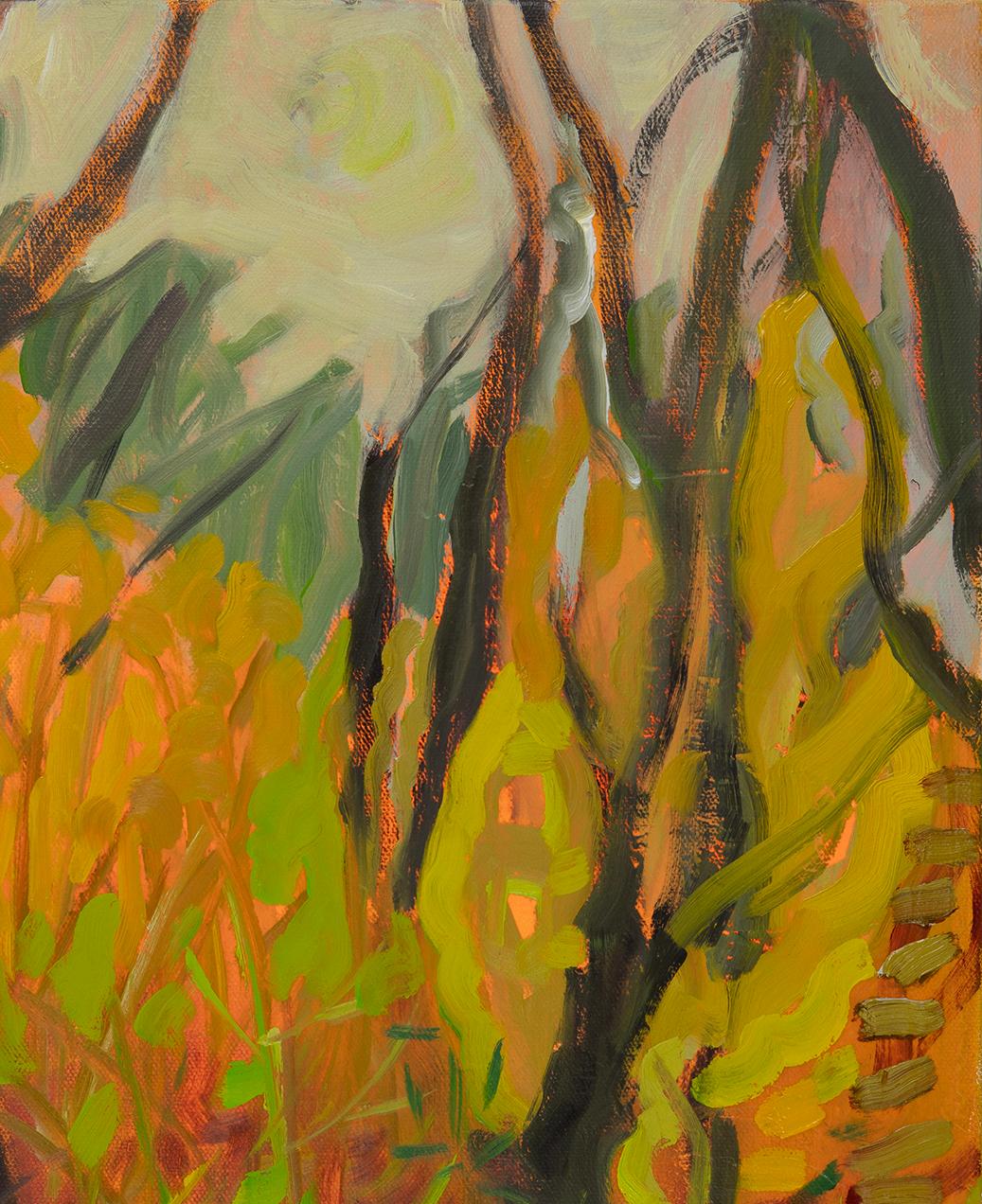 Autumn Woods, I (Paesaggio, Tecnica mista, bosco, alberi, arancione, caldo) - Painting Contemporaneo di Rachelle Krieger
