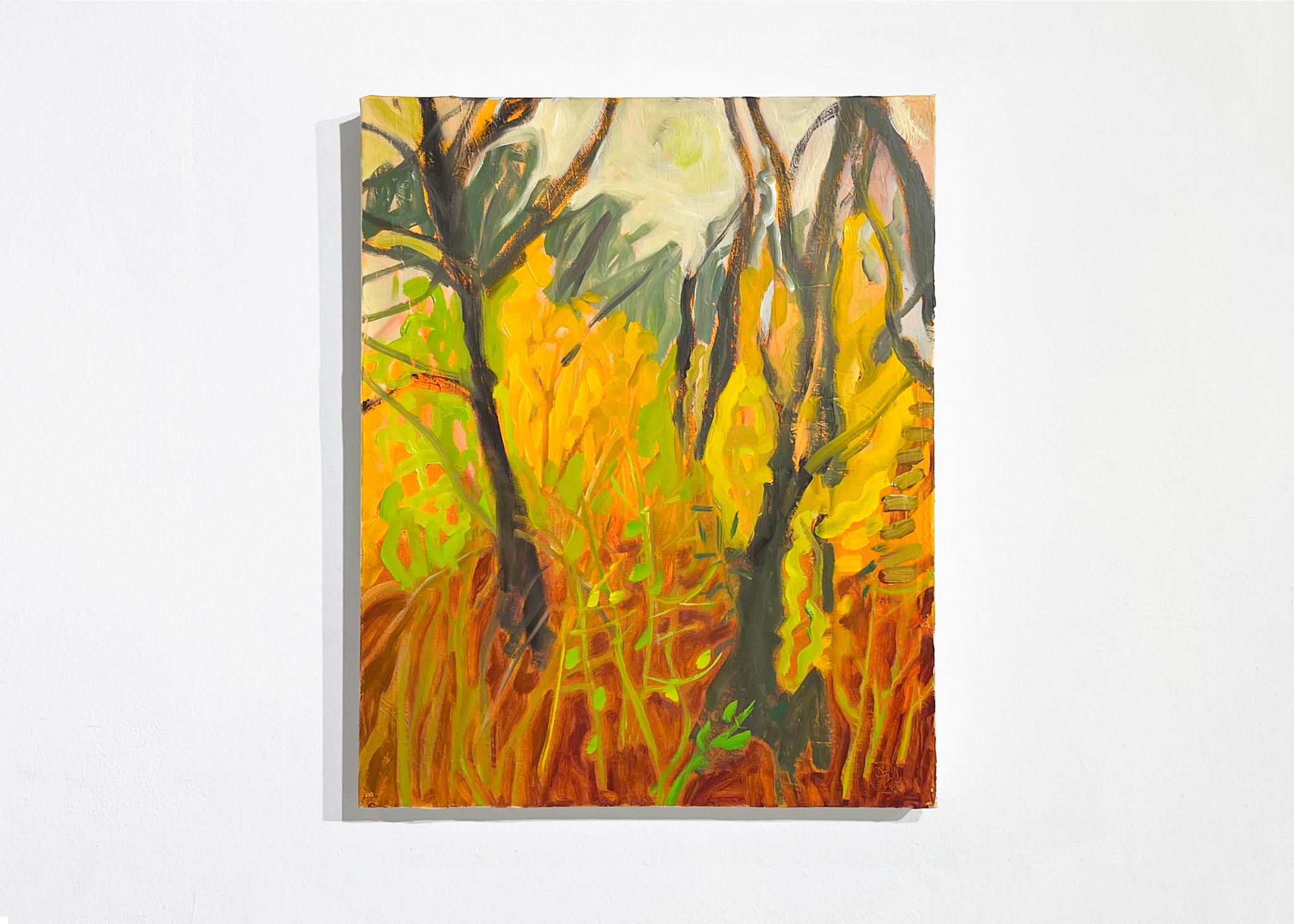 Autumn Woods, I (Paesaggio, Tecnica mista, bosco, alberi, arancione, caldo) - Painting di Rachelle Krieger