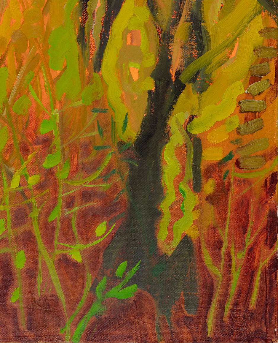 Autumn Woods, I (Paesaggio, Tecnica mista, bosco, alberi, arancione, caldo) - Abstract Painting Marrone di Rachelle Krieger