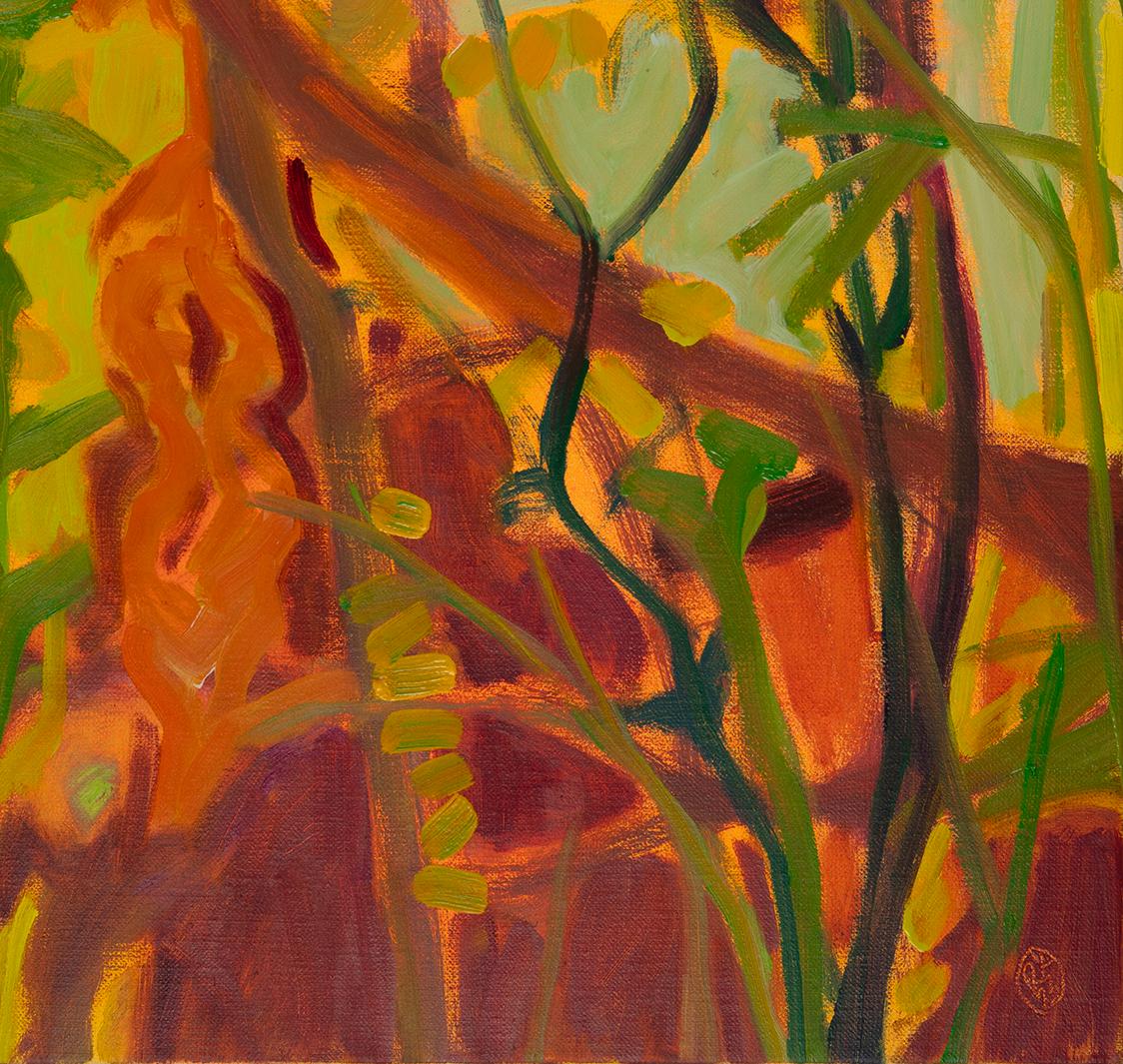 Autumn Woods, III (Paesaggio, Tecnica mista, foresta, alberi, caldo, arancione, giallo) - Painting Contemporaneo di Rachelle Krieger