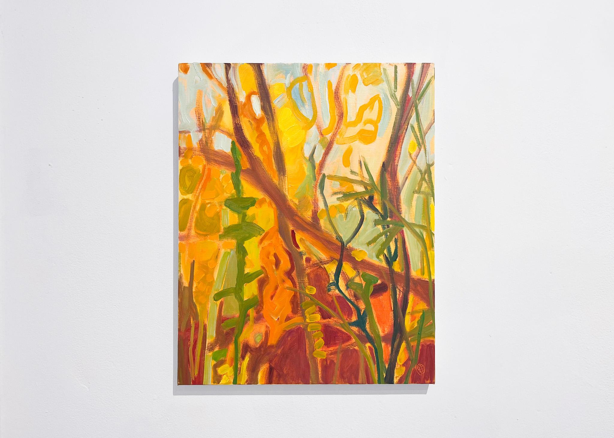 Autumn Woods, III (Paesaggio, Tecnica mista, foresta, alberi, caldo, arancione, giallo) - Painting di Rachelle Krieger