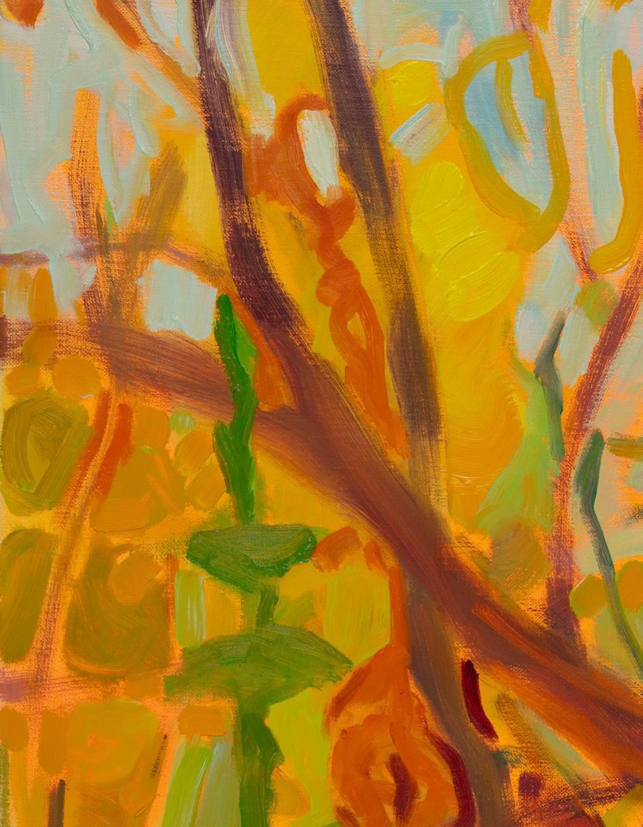 Autumn Woods, III (Paesaggio, Tecnica mista, foresta, alberi, caldo, arancione, giallo) - Abstract Painting Marrone di Rachelle Krieger
