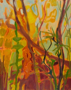 Bosques de otoño, III (Paisaje, Técnica mixta, bosque, árboles, cálido, naranja, amarillo)