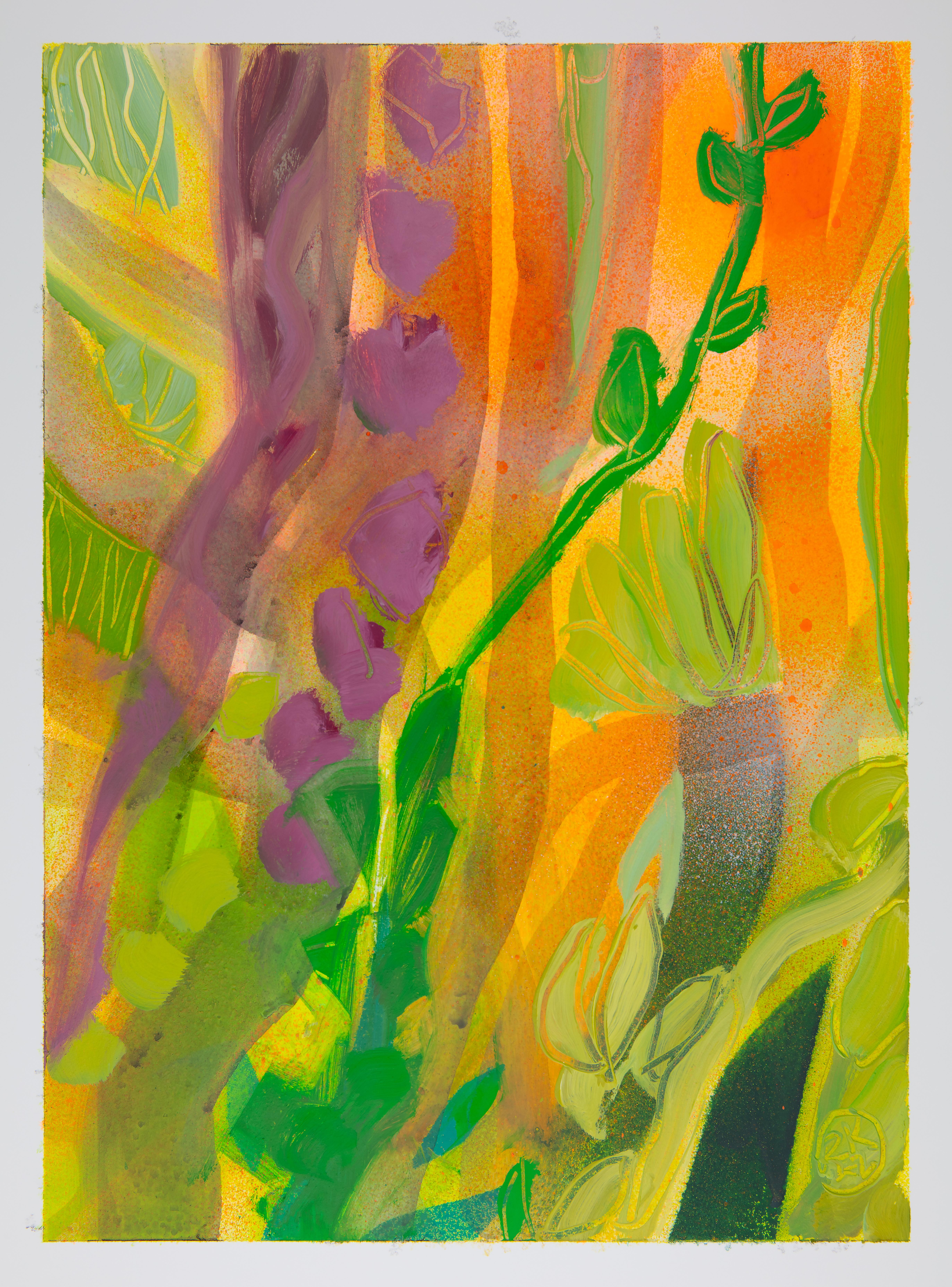 Botanical I, bright green and orange abstract plants, surreal scene