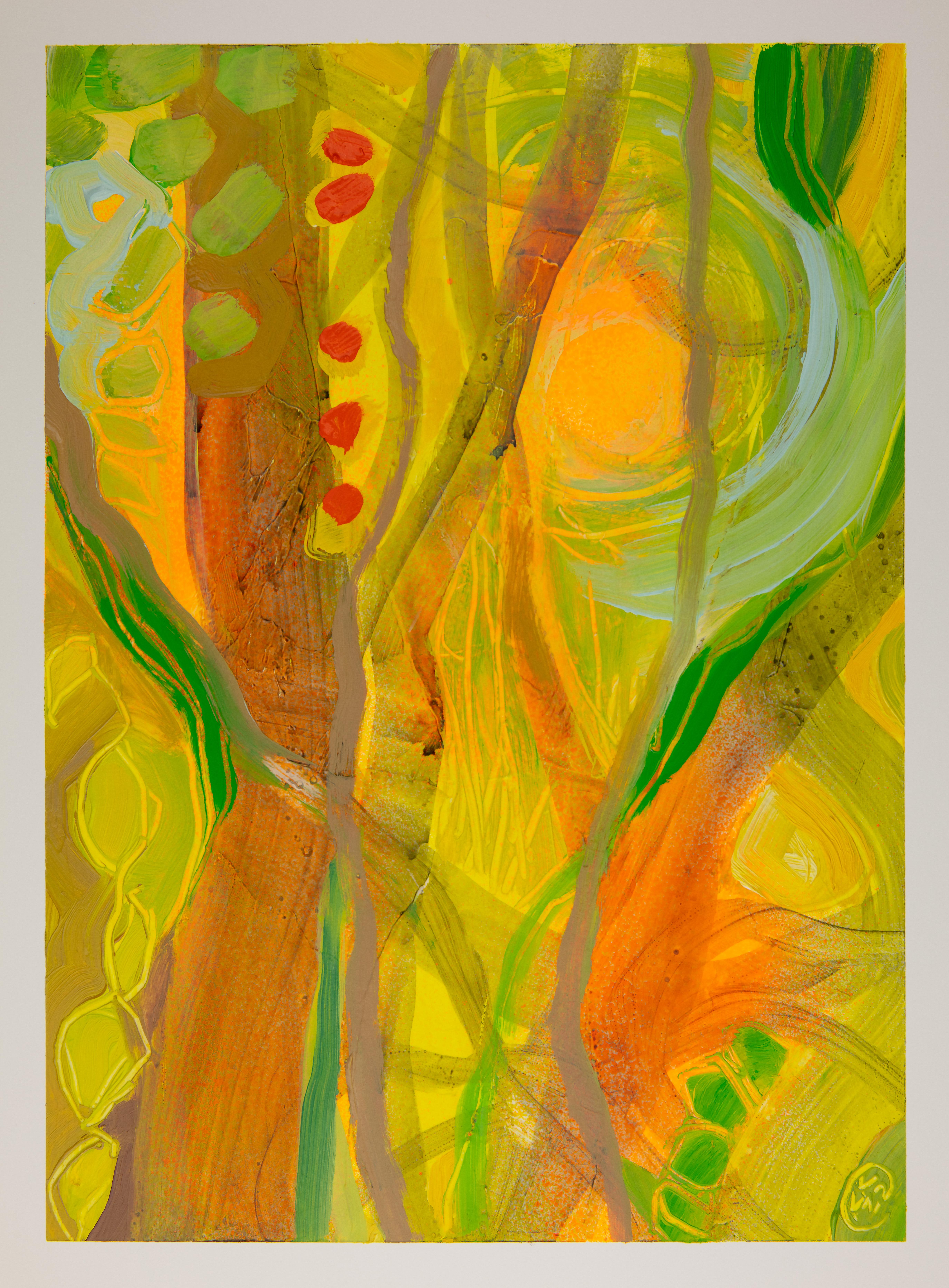 Botanical IV, bright green and orange abstract plants, surreal scene