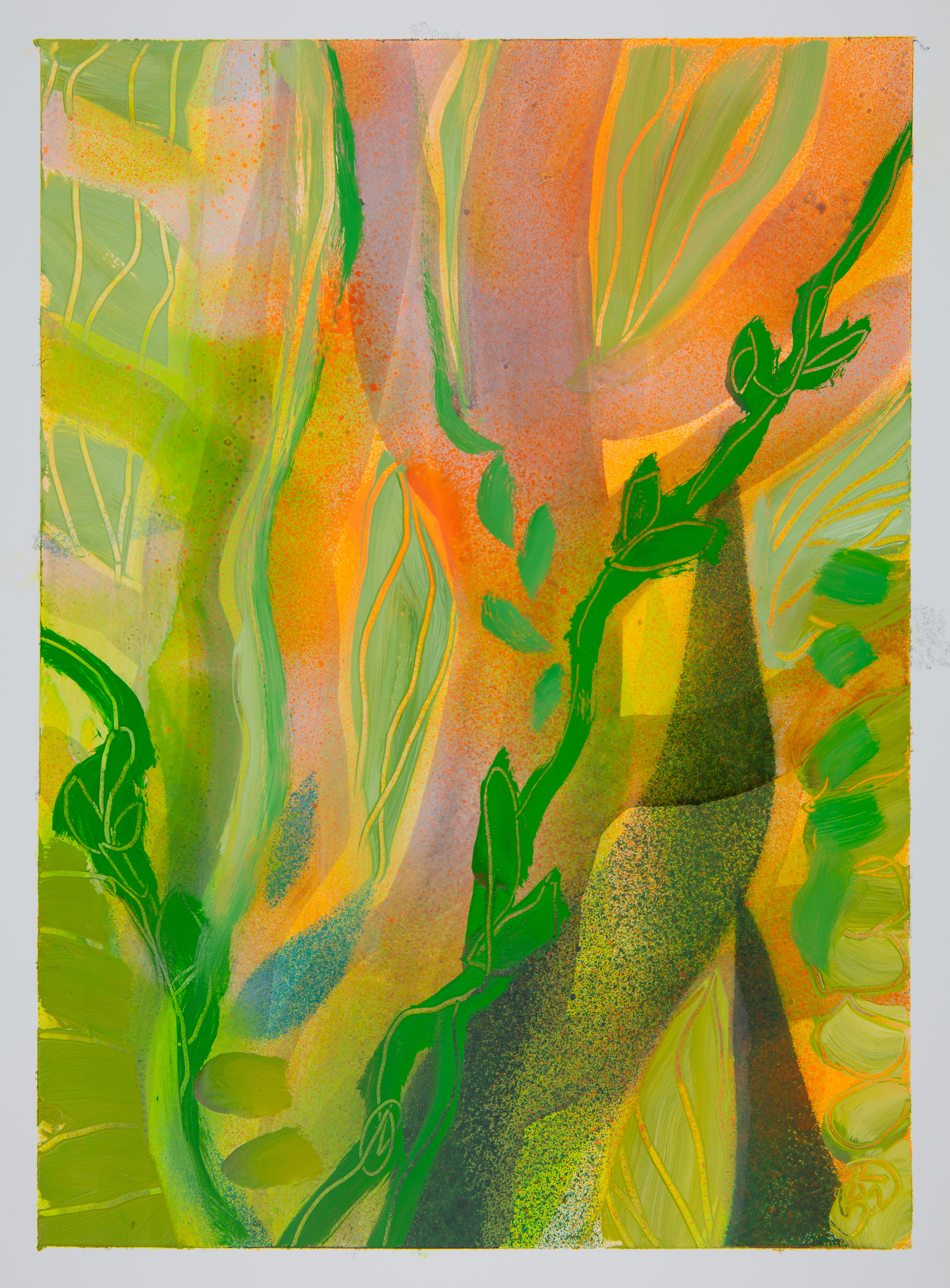 Botanical V, bright green and orange abstract plants, surreal scene