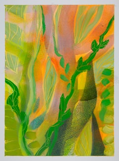 Botanical V, bright green and orange abstract plants, surreal scene