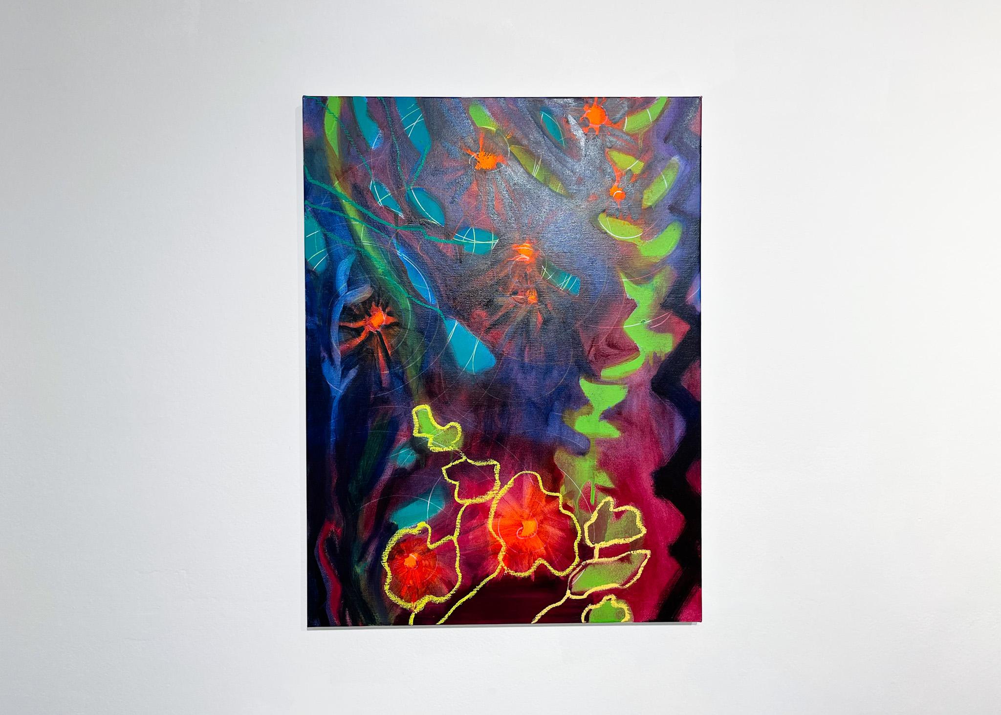 Visiones extáticas (pintura de paisaje, flora, noche, púrpura, flores) - Painting de Rachelle Krieger