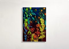 Fireflies and Night Visions I, landscape painting, flora, night, purple, flowers