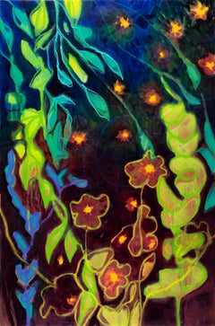 Fireflies and Night Visions I, landscape painting, flora, night, purple, flowers