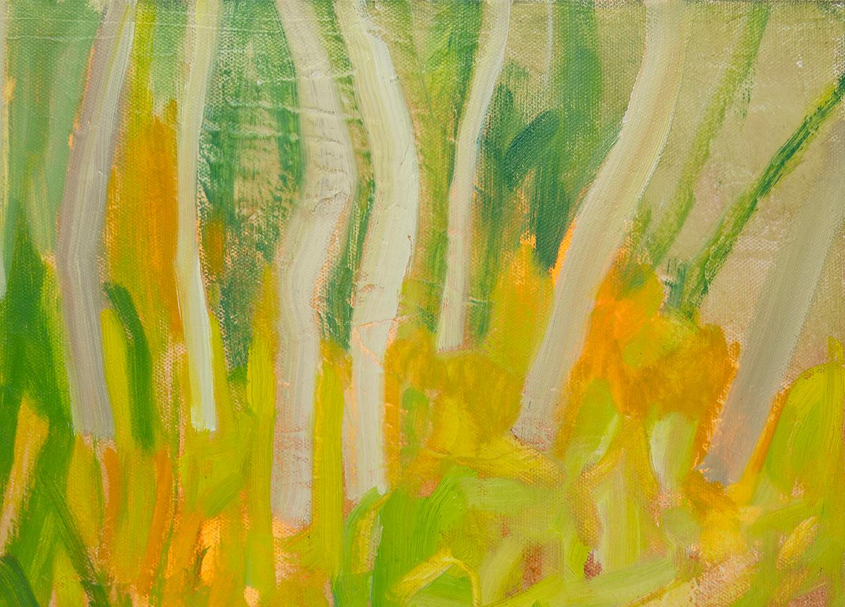 Campos resplandecientes con abedules, I (Paisaje, Técnica mixta, bosque, sol, árboles) - Painting Contemporáneo de Rachelle Krieger