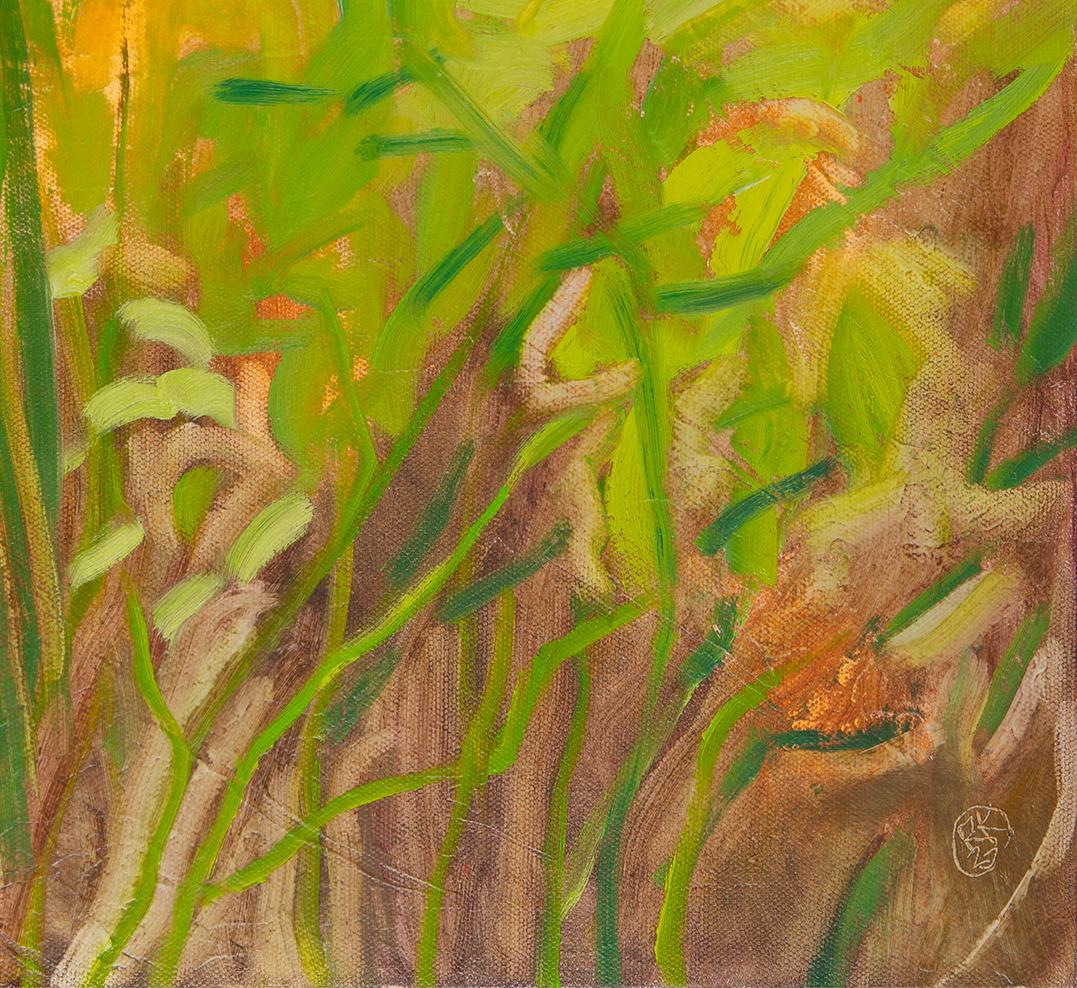Campos resplandecientes con abedules, I (Paisaje, Técnica mixta, bosque, sol, árboles) - Abstract Painting Marrón de Rachelle Krieger