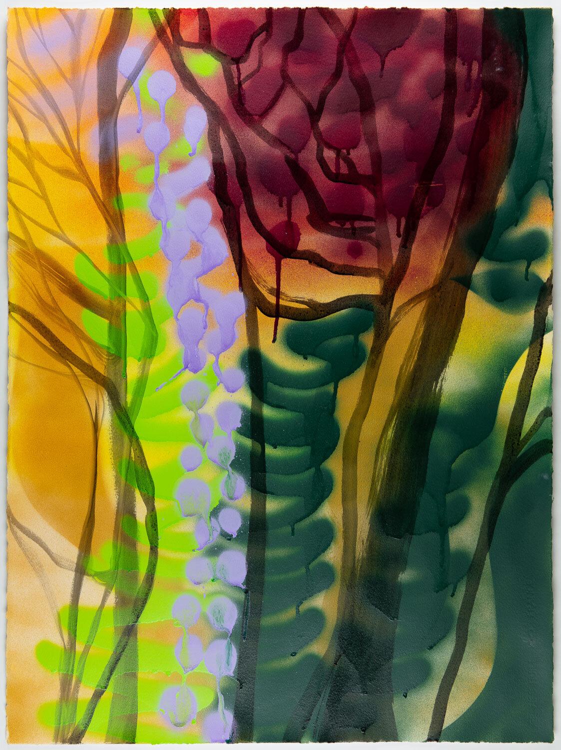 Landscape Painting Rachelle Krieger - « In the Brambles », peinture de paysage abstrait multicolore, arbres dans la forêt