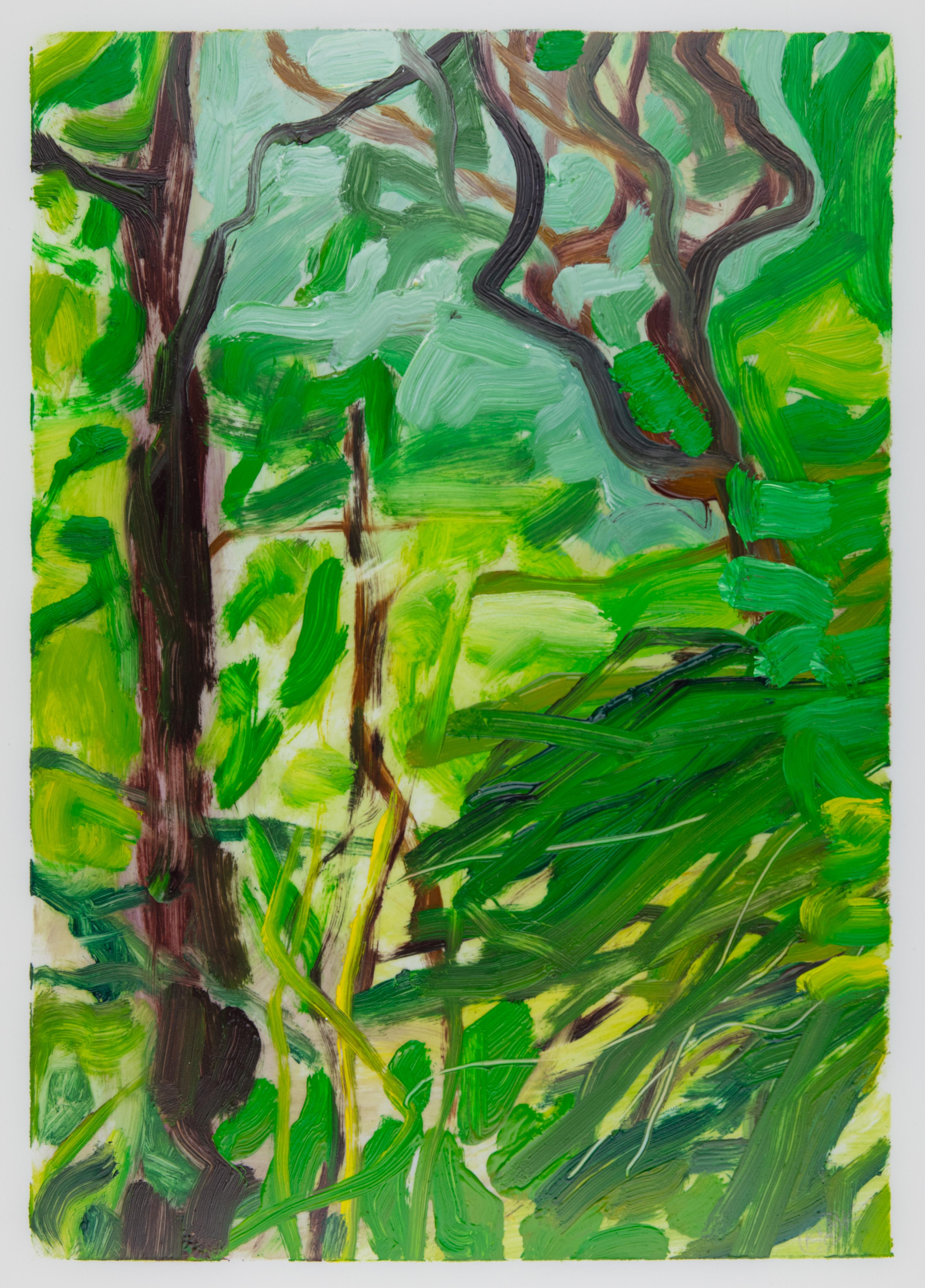 Rachelle Krieger Landscape Painting - Lockdown Landscape II, bright green and brown abstract plants, surreal scene