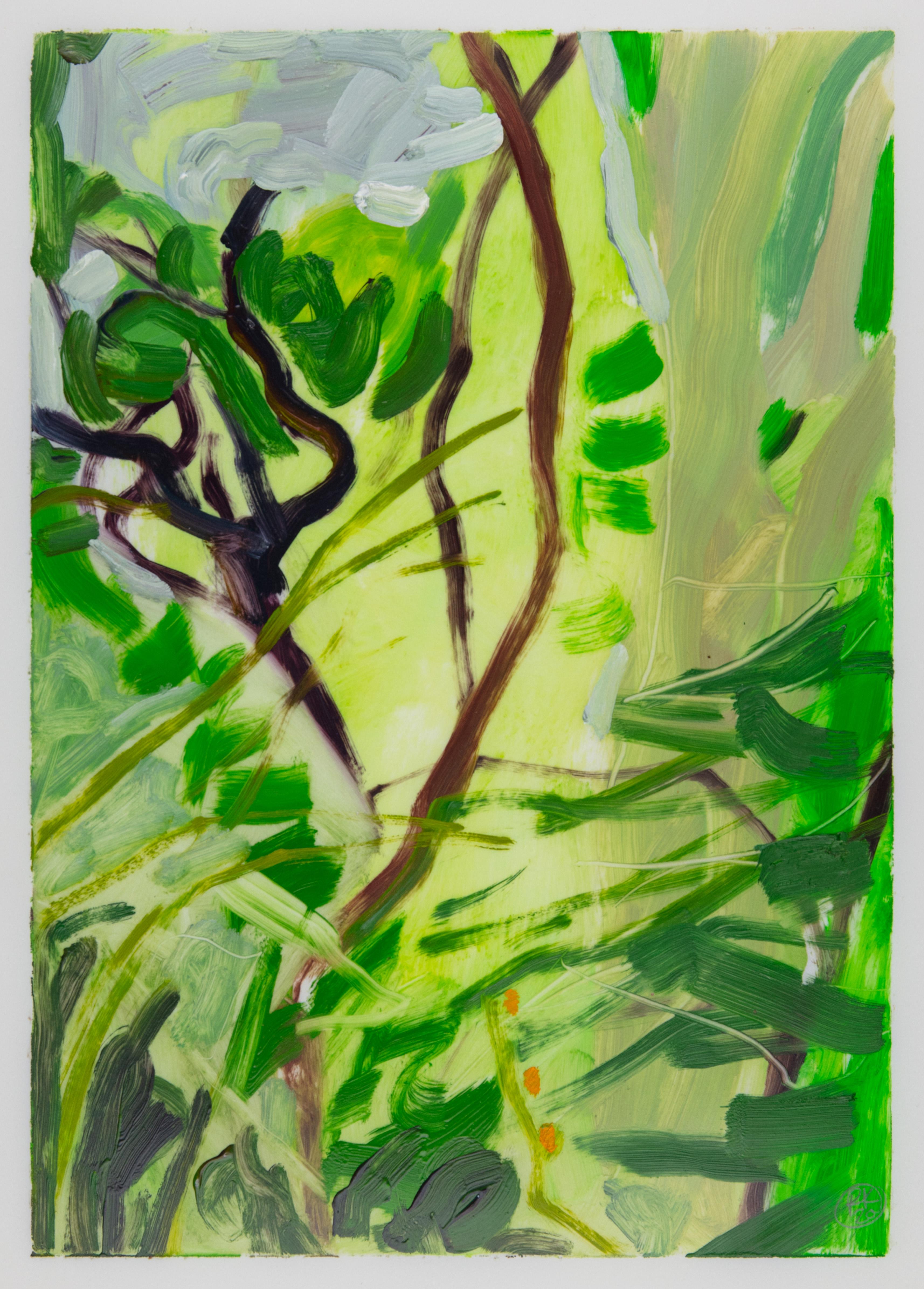 Rachelle Krieger Landscape Painting – Lockdown Landscape III, leuchtend grüne und braune abstrakte Pflanzen, surreale Szene
