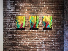 Night Blooms, multicolored abstract landscape painting, green and orange