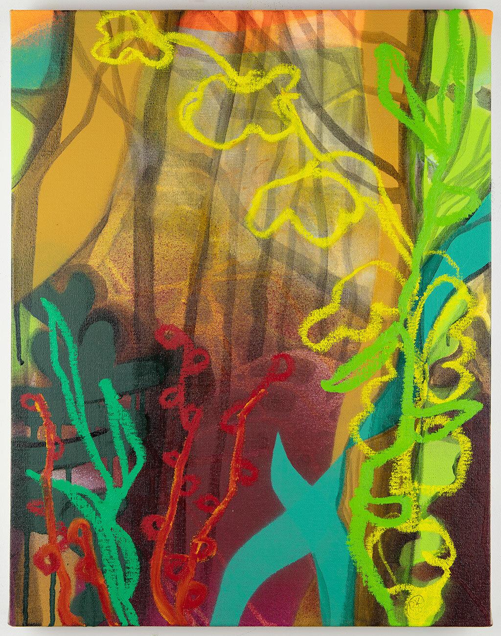 Rachelle Krieger Abstract Painting – Night Blooms, mehrfarbiges abstraktes Landschaftsgemälde, grün und orange