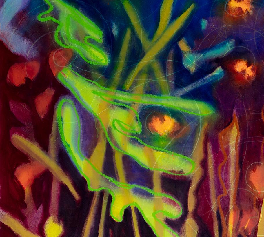 Giardino notturno e lucciole II, pittura di paesaggio, flora, notte, viola, fiori - Abstract Painting Nero di Rachelle Krieger