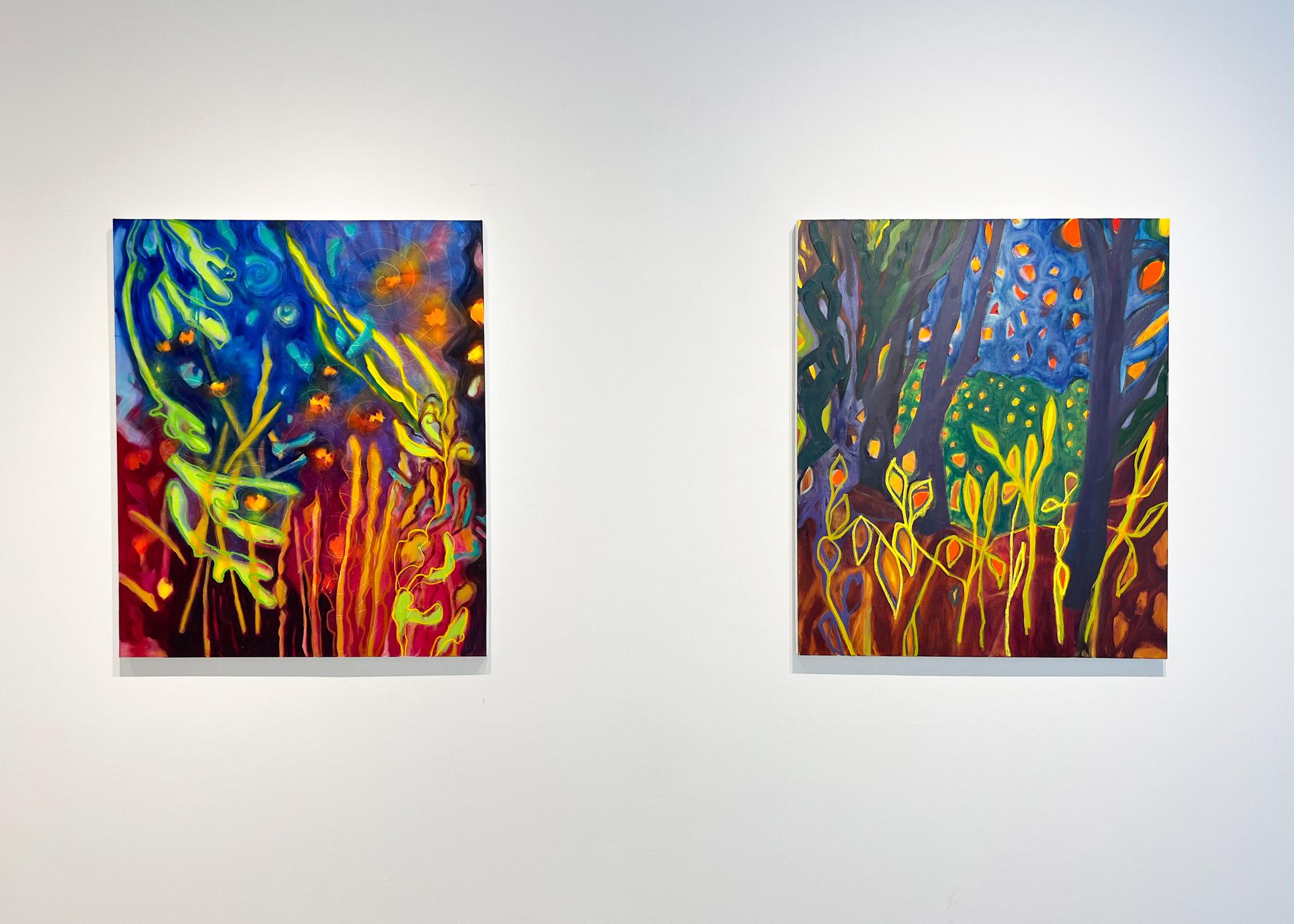 Giardino notturno e lucciole II, pittura di paesaggio, flora, notte, viola, fiori - Painting di Rachelle Krieger