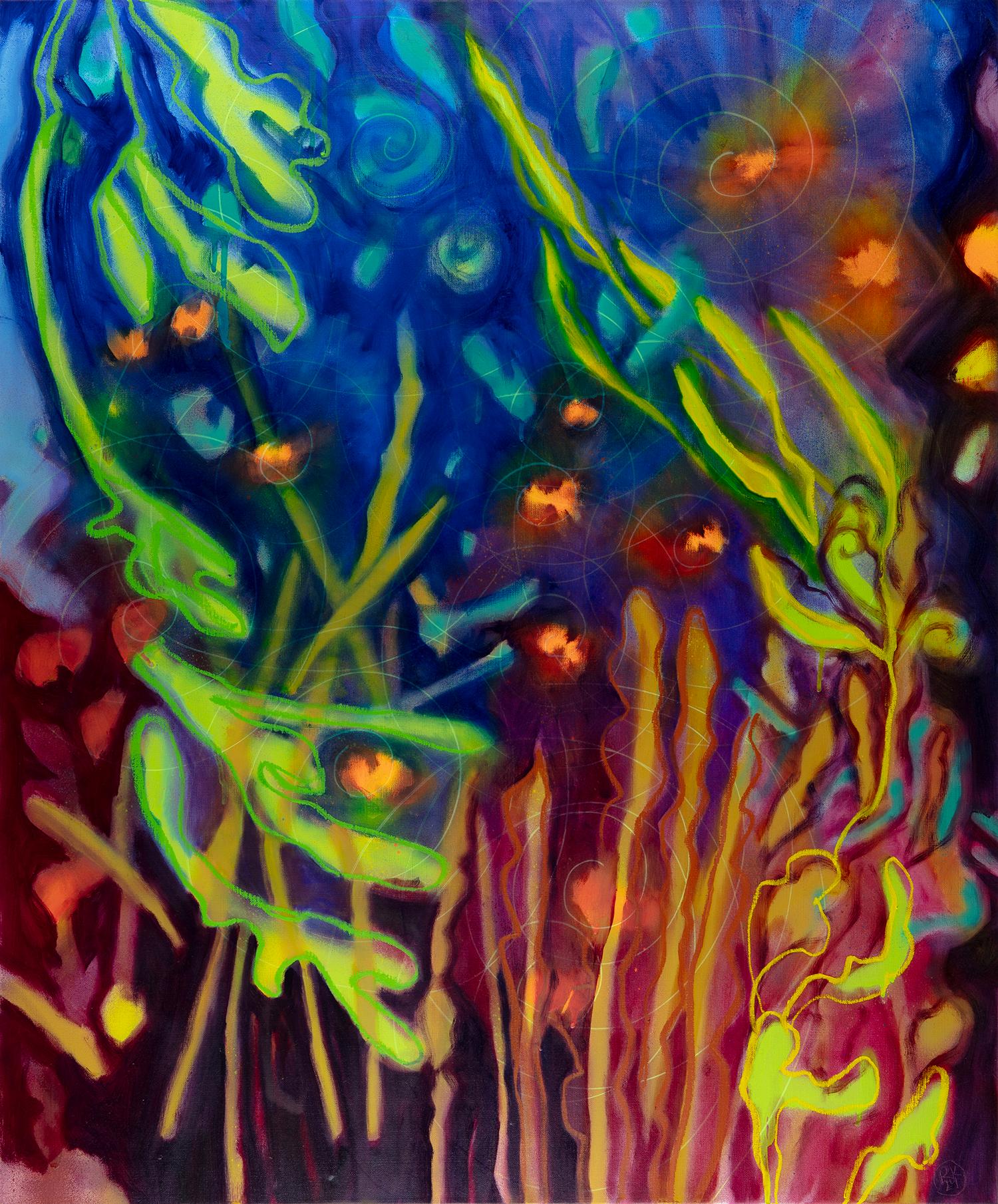 Jardin de nuit et lucioles II, peinture de paysage, flore, nuit, violet, fleurs