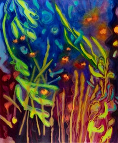 Jardin de nuit et lucioles II, peinture de paysage, flore, nuit, violet, fleurs