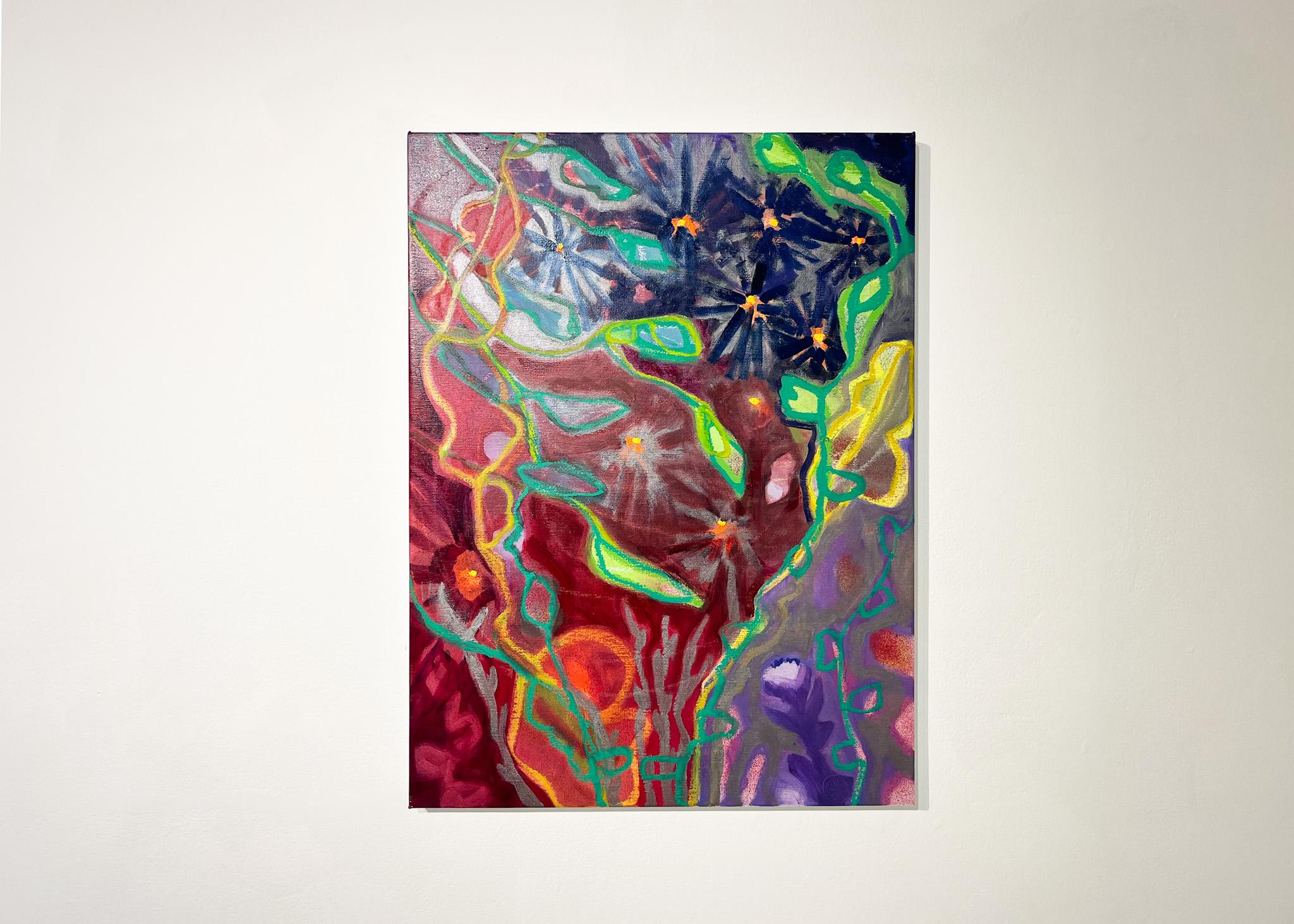 Nighttripper (paesaggio, flora, notte, viola, fiori, sogni) - Painting di Rachelle Krieger
