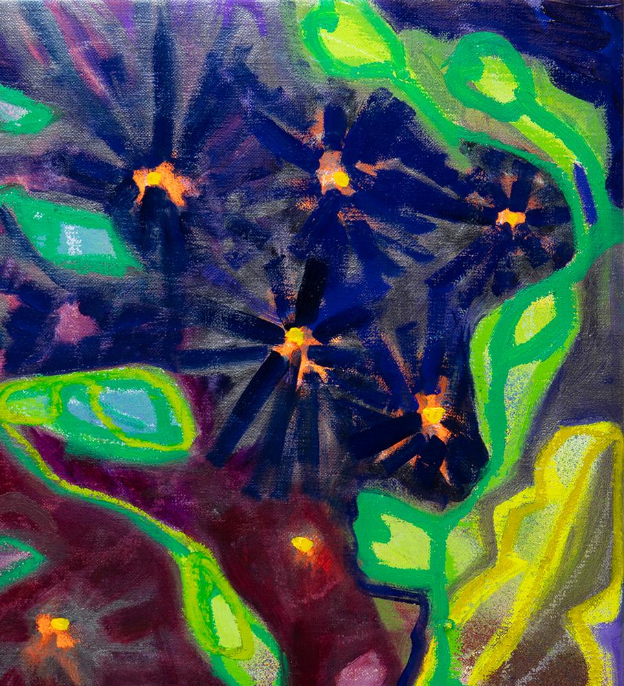 Nighttripper (paesaggio, flora, notte, viola, fiori, sogni) - Abstract Painting Nero di Rachelle Krieger