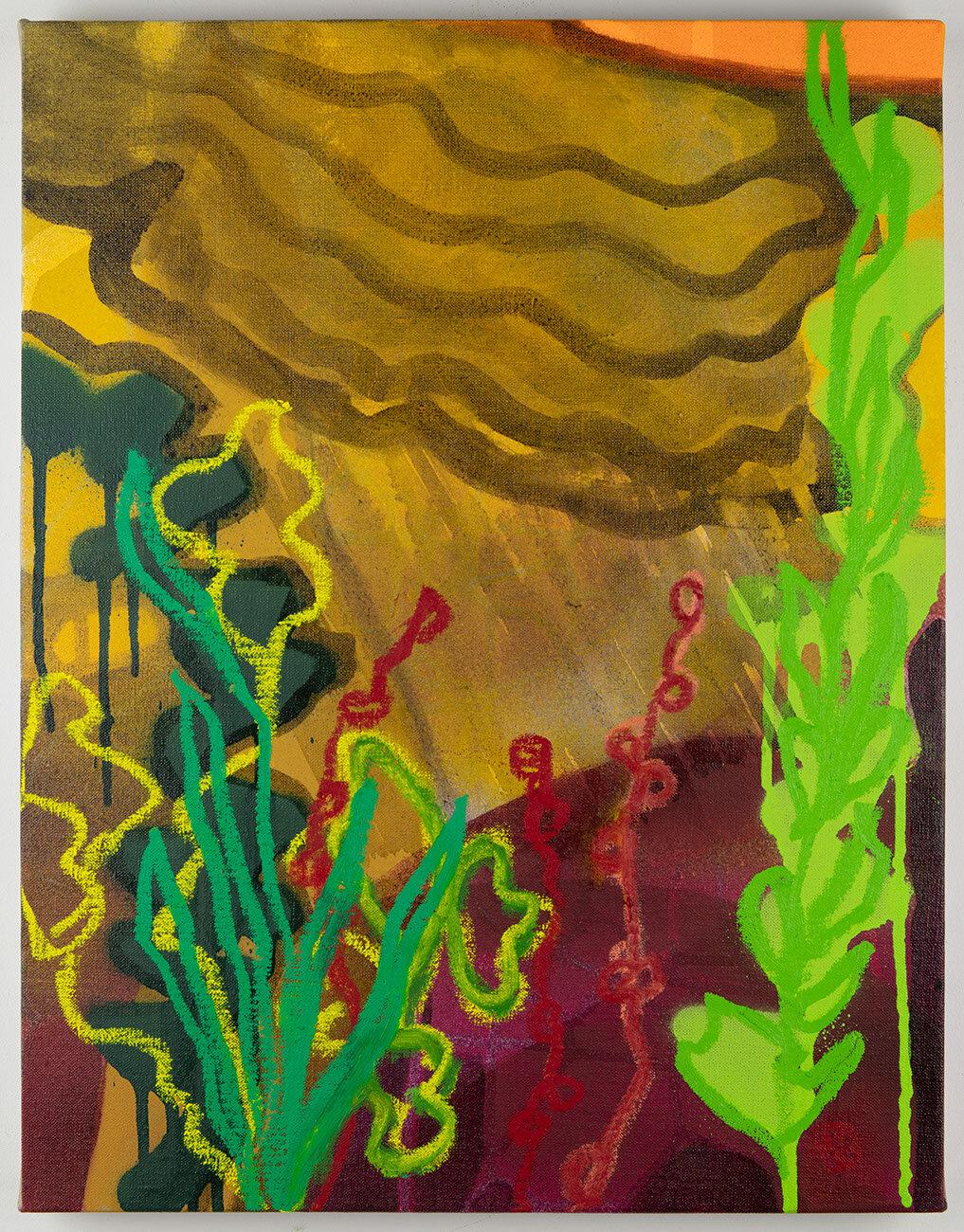 Rachelle Krieger Abstract Painting – Unerwartete Unkraut, mehrfarbiges abstraktes Landschaftsgemälde, Flora bei Nacht