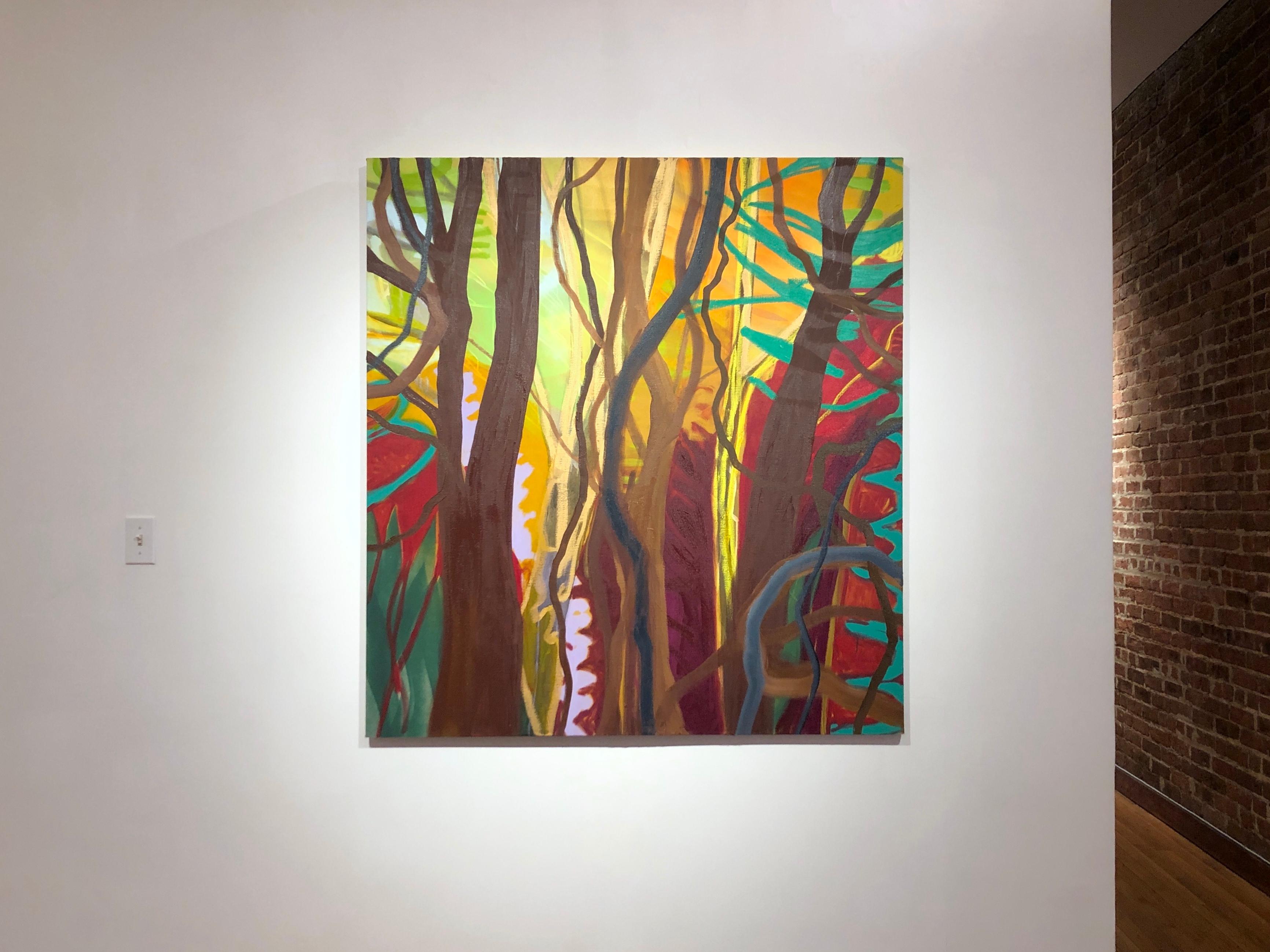« Nourishing Resilience » (Une marche dans les bois), grande peinture abstraite de la forêt - Painting de Rachelle Krieger
