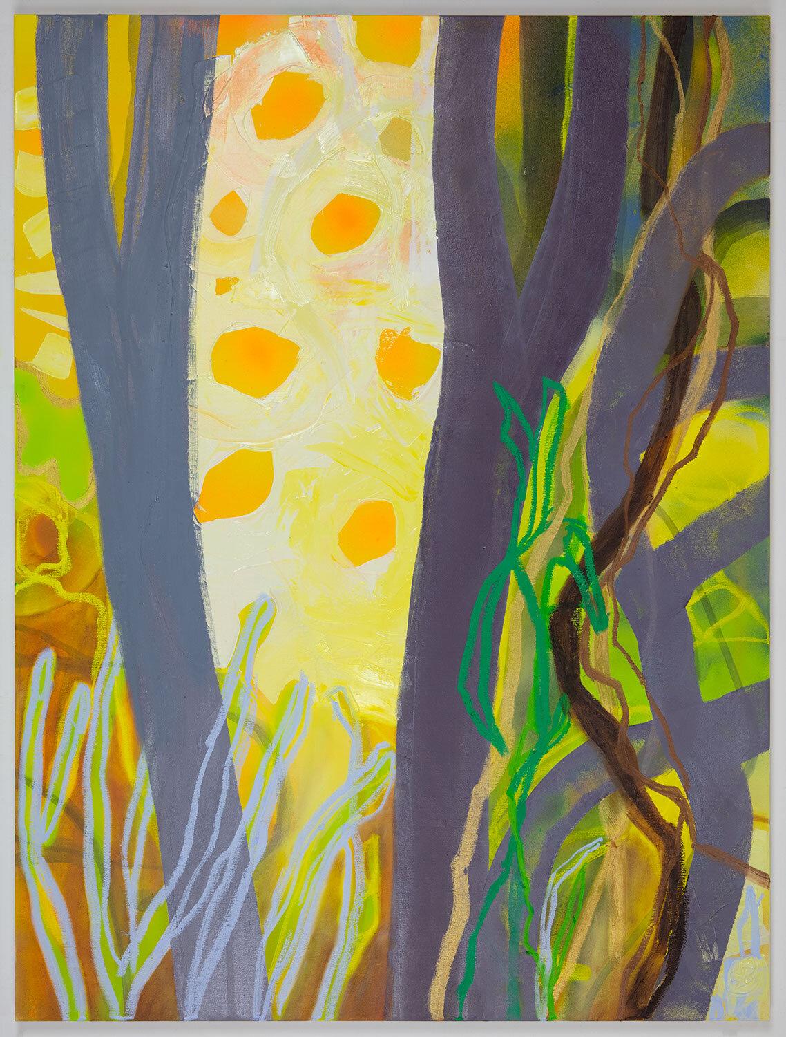 Rachelle Krieger Landscape Painting - Pandemic Poetry, abstracted landscape painting, trees in the forest