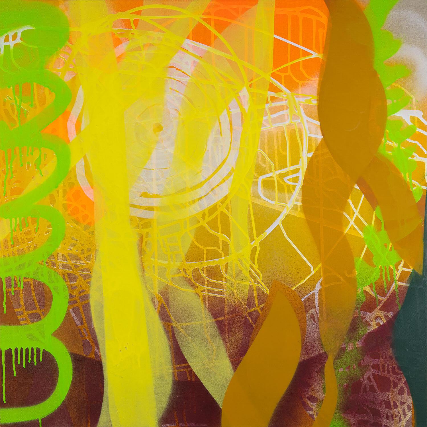 Abstract Painting Rachelle Krieger - Radiance, plantes abstraites vert vif et orange, scène surréaliste