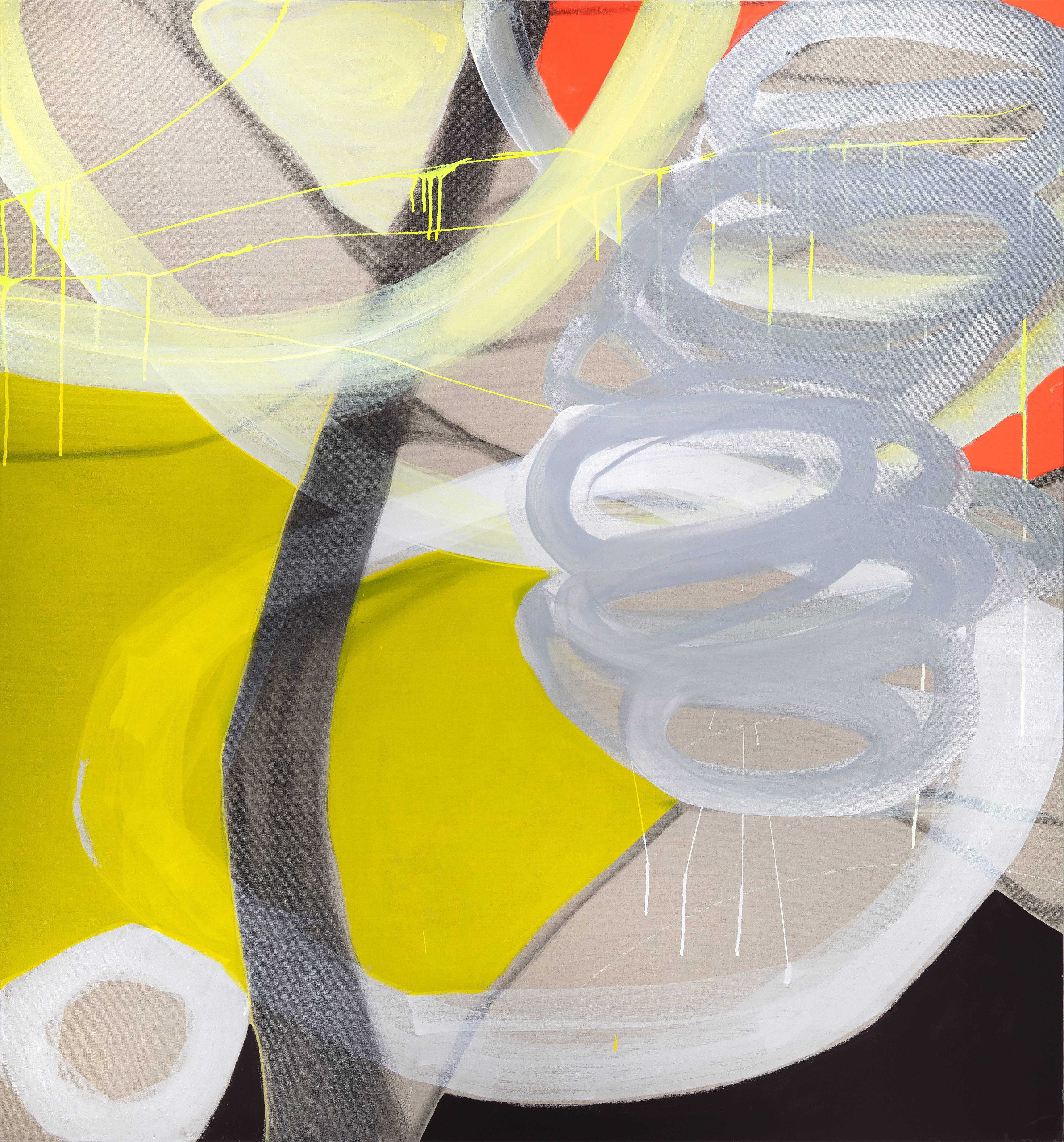 Rachelle Krieger Abstract Painting - Slow Storm ( abstract, landscape, yellow, red, gray, texture)