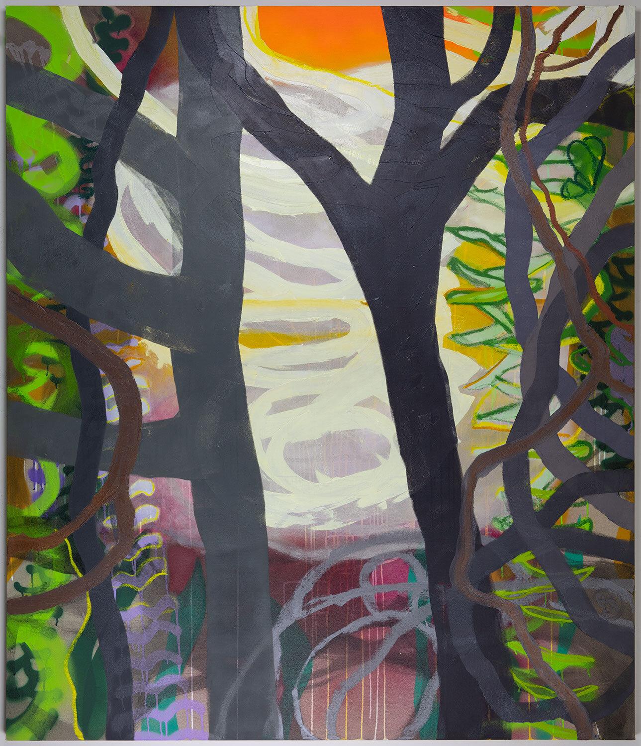 Rachelle Krieger Abstract Painting - Source, abstracted landscape painting, trees in forest 