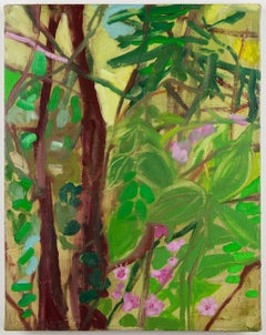 Suburban Paradise (1), green and purple abstract painting of flowers and trees