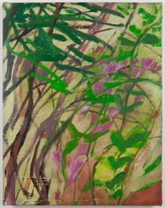 Suburban Paradise (2), green and purple abstract painting of flowers and trees